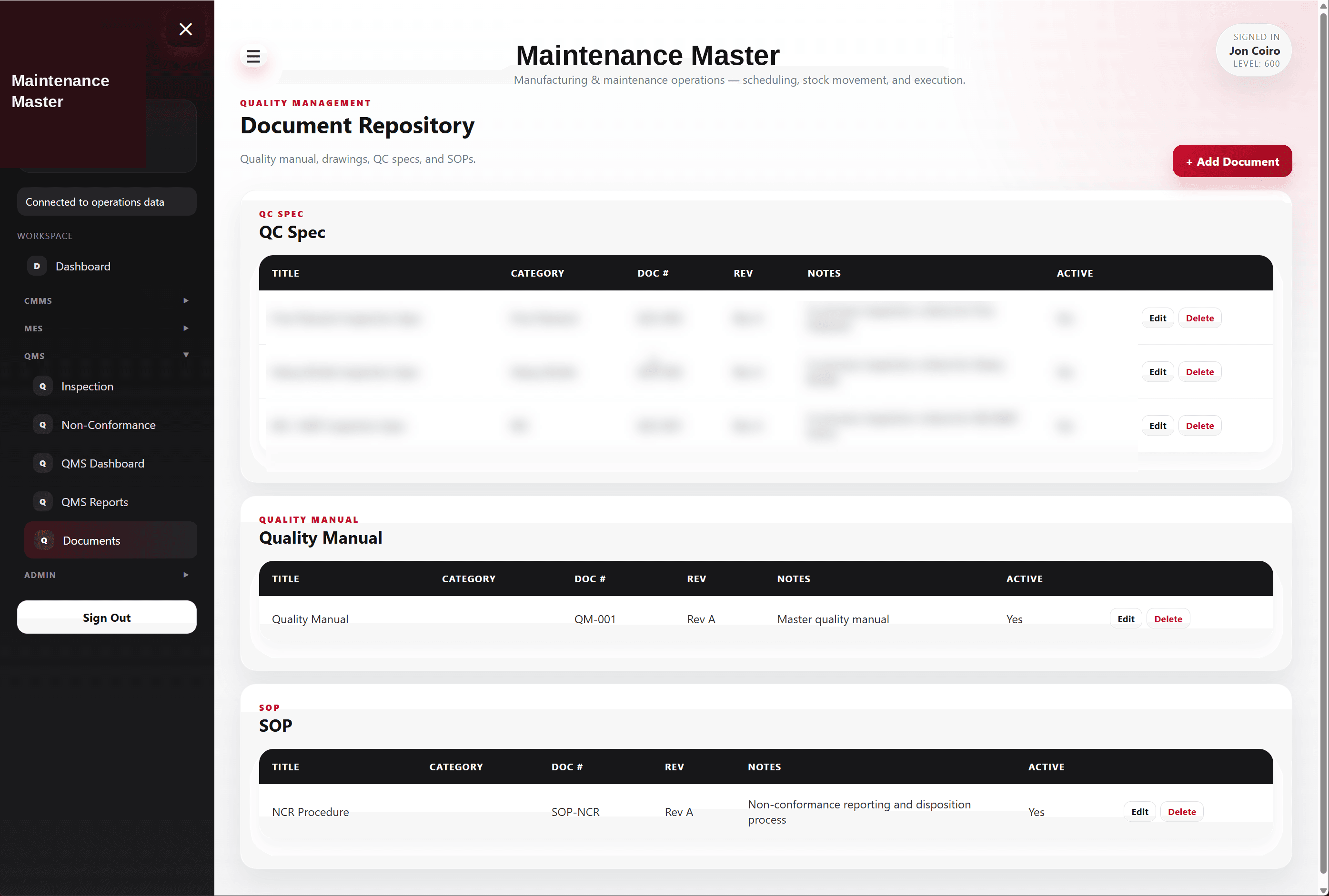 Maintenance Master Document Repository