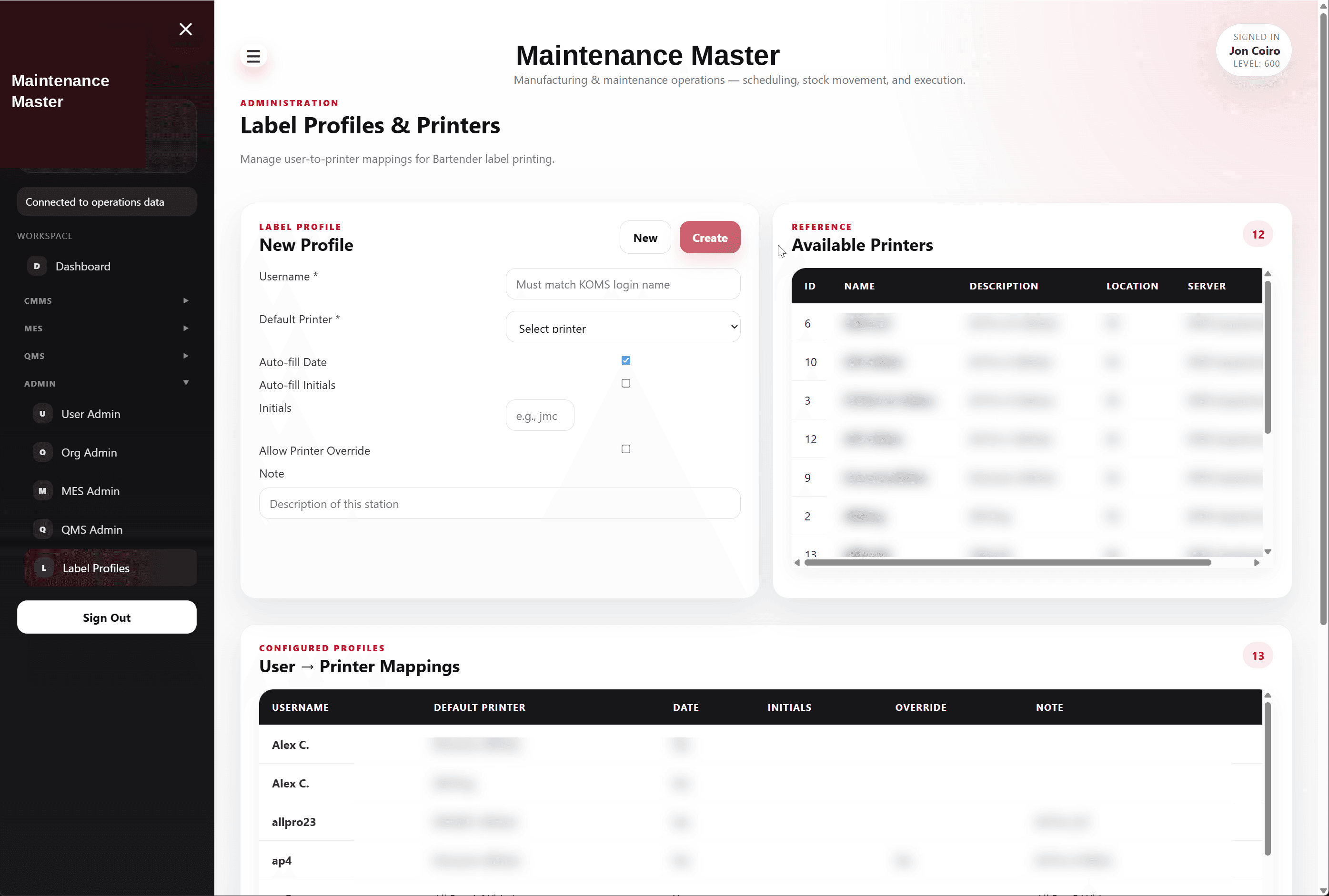 Maintenance Master Label Profiles & Printers