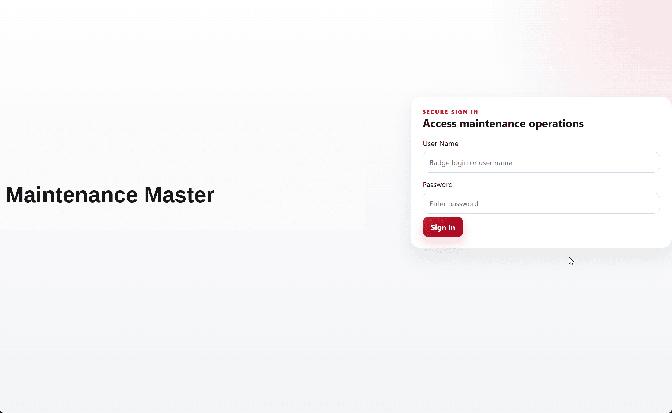 Maintenance Master Secure Sign-In