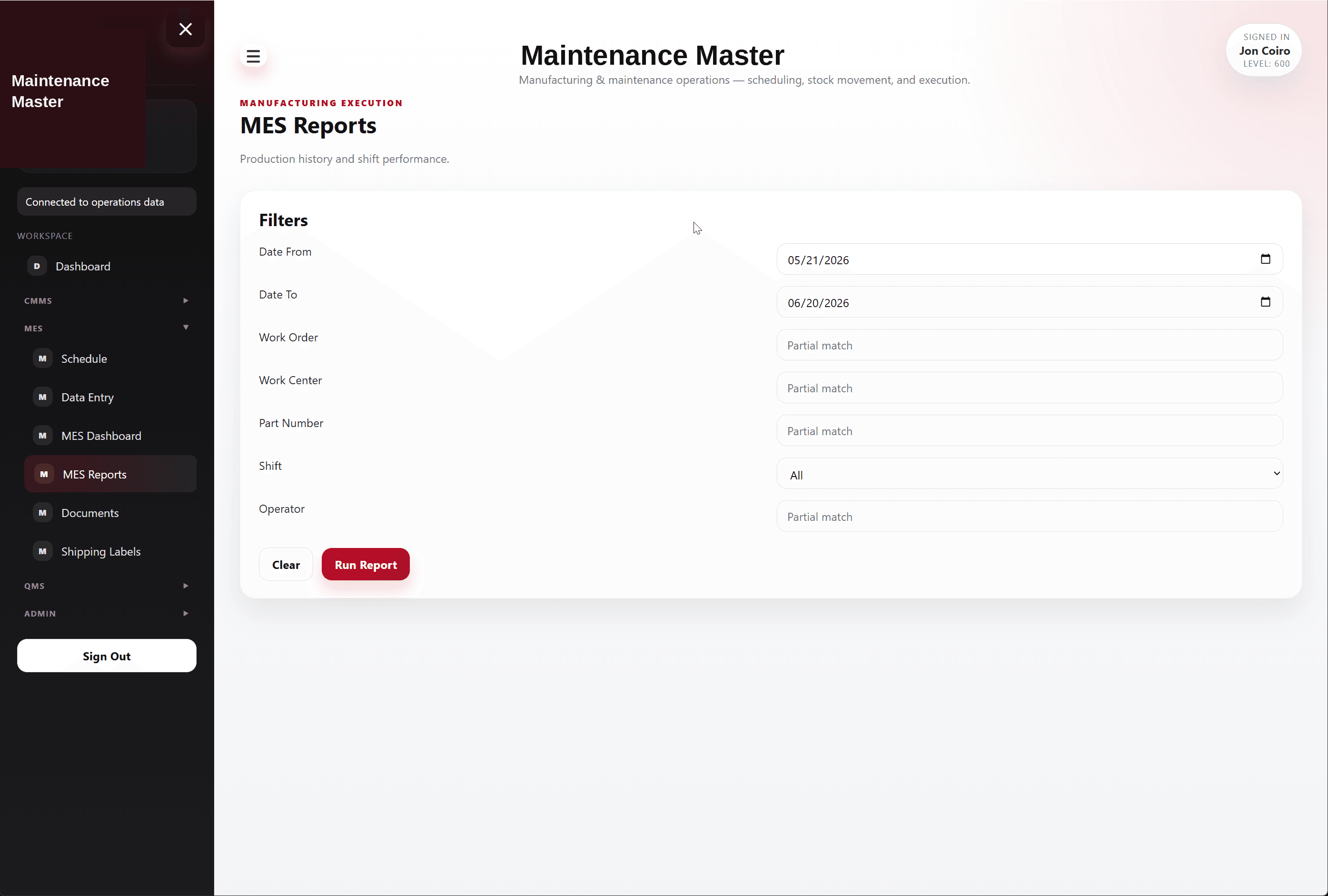 Maintenance Master MES Reports