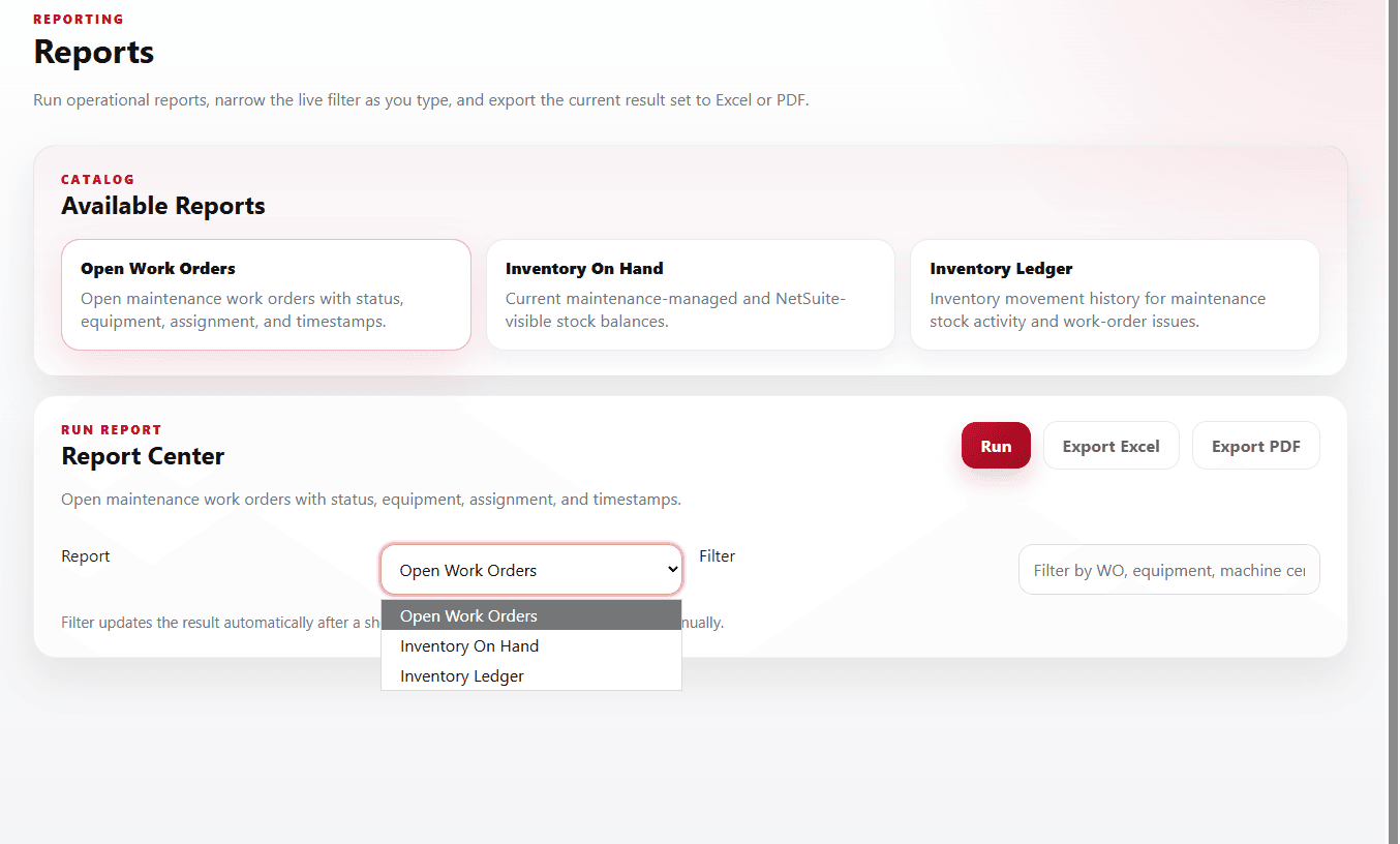 Maintenance Master Reports