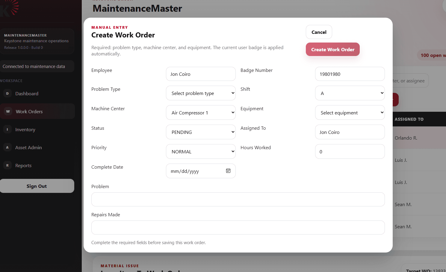 Maintenance Master Work Orders