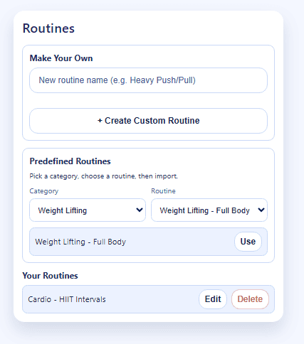 Simple Gym routines screen