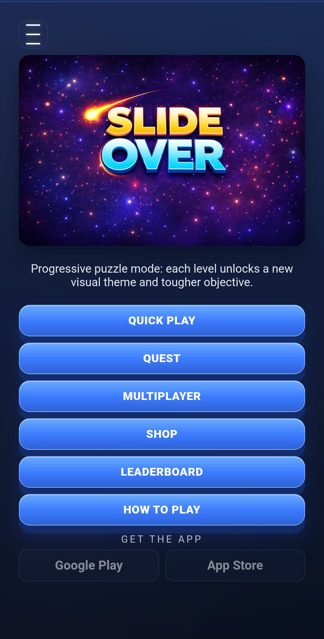 Slide Over main menu screen