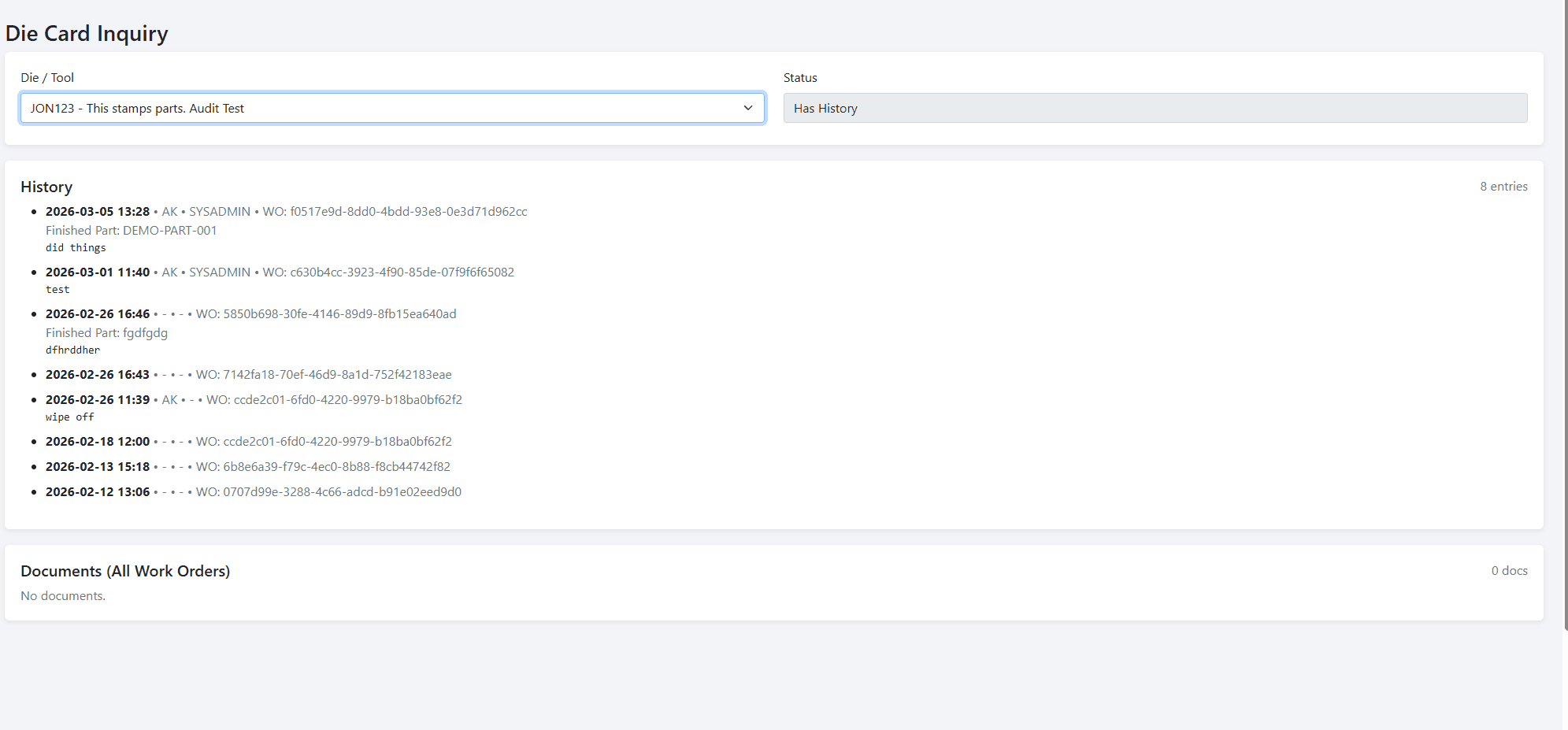 Tool Trace Die Card Inquiry