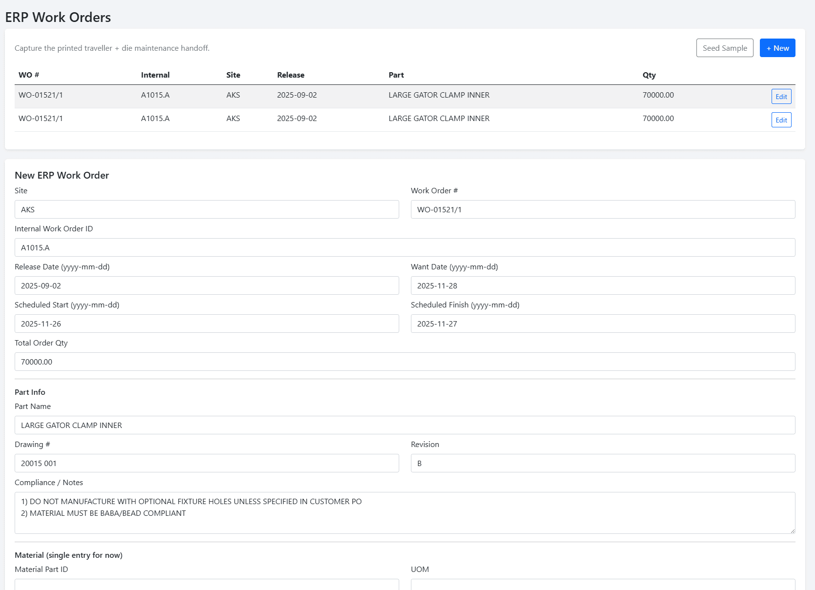 Tool Trace ERP Work Order Edit