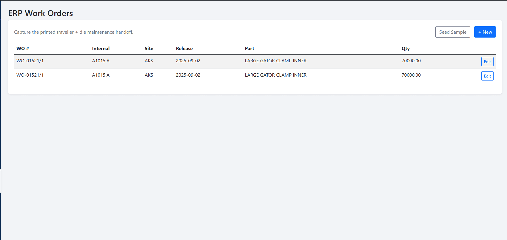 Tool Trace ERP Work Orders