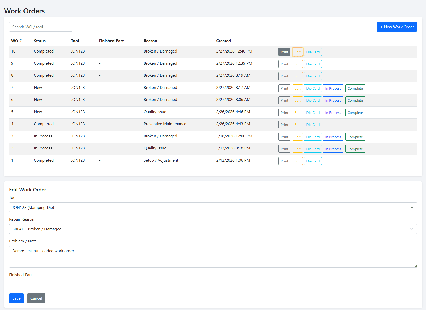 Tool Trace Edit Work Order
