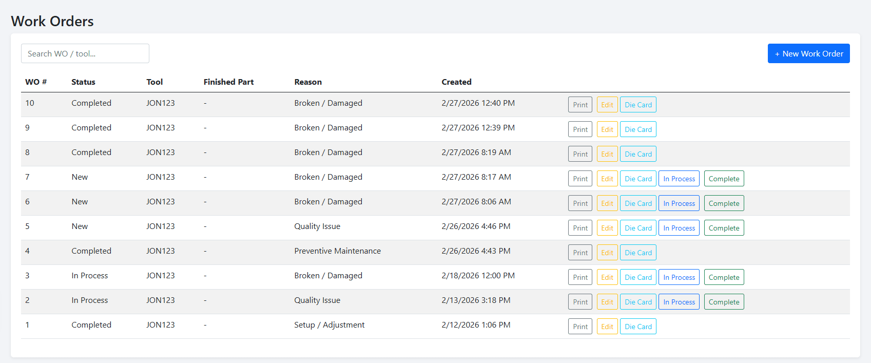 Tool Trace Work Orders
