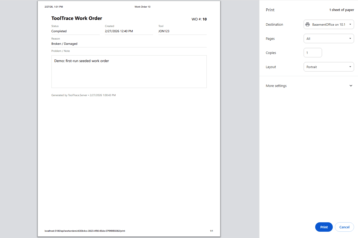 Tool Trace Work Order Print