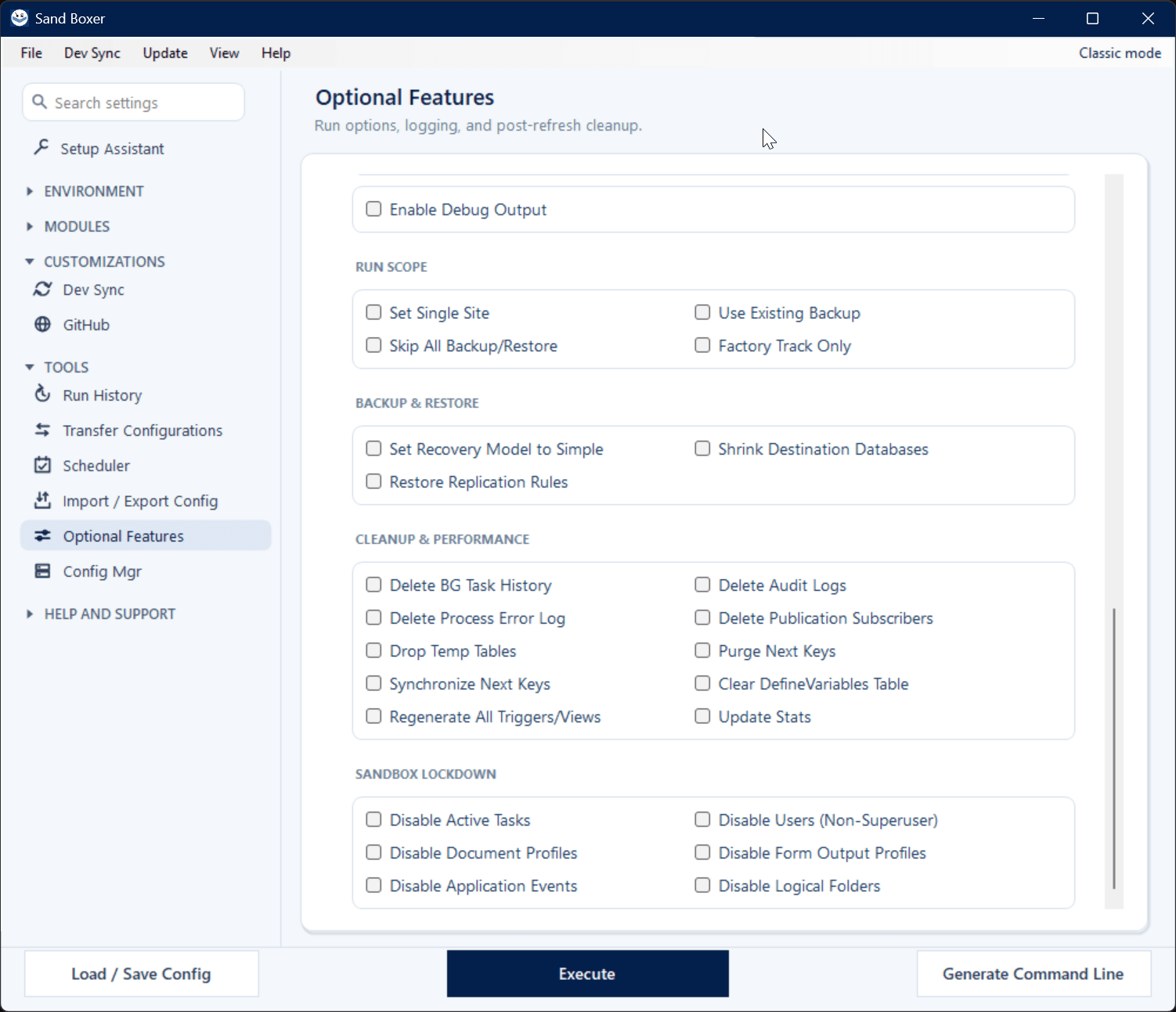 Sand Boxer Optional Features — Sandbox Lockdown and cleanup safeguards
