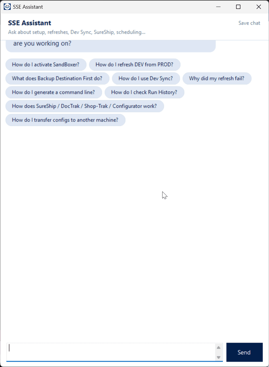 Sand Boxer SSE Assistant chat panel with suggested questions