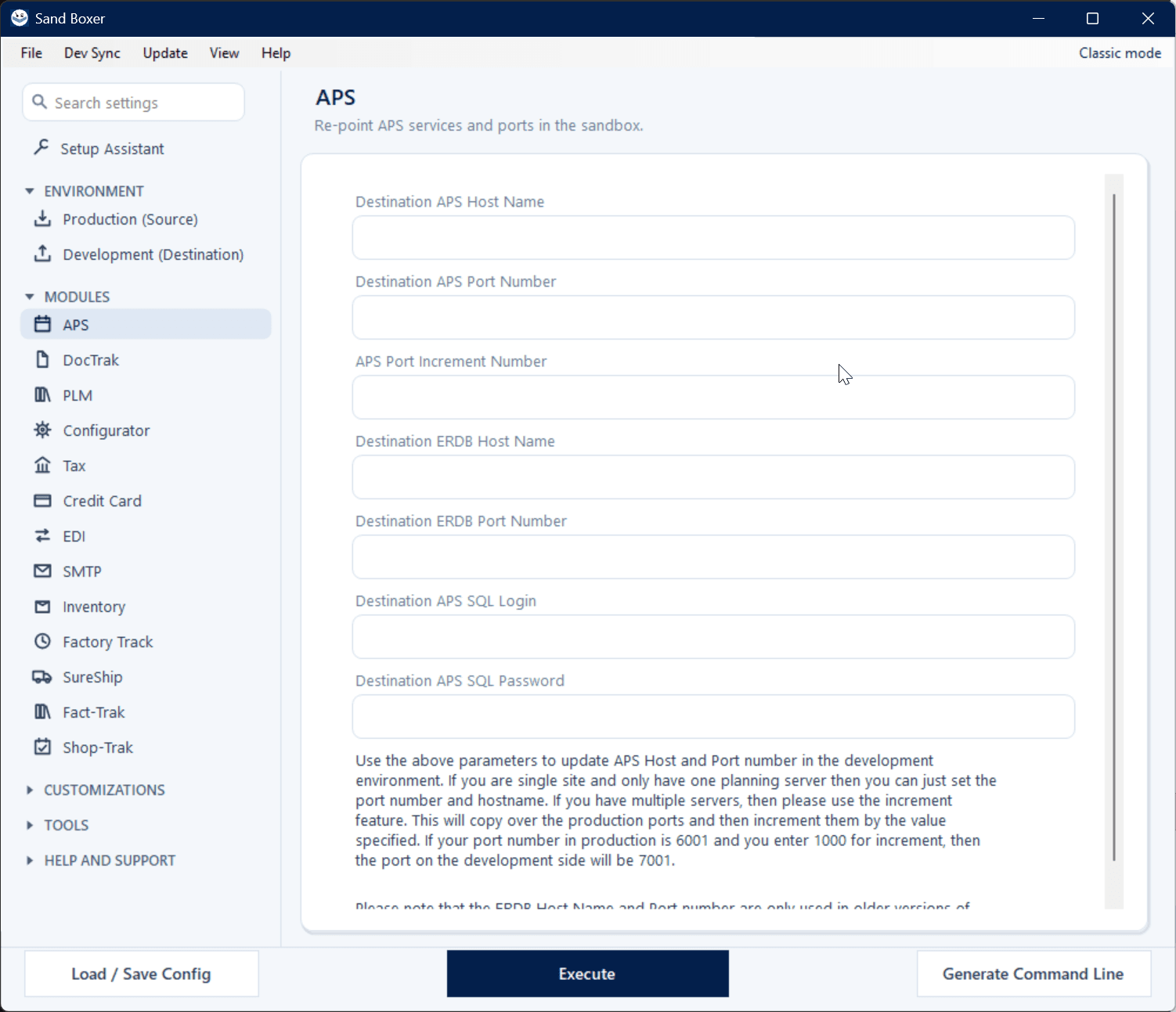 Sand Boxer Modern interface — APS and planning settings
