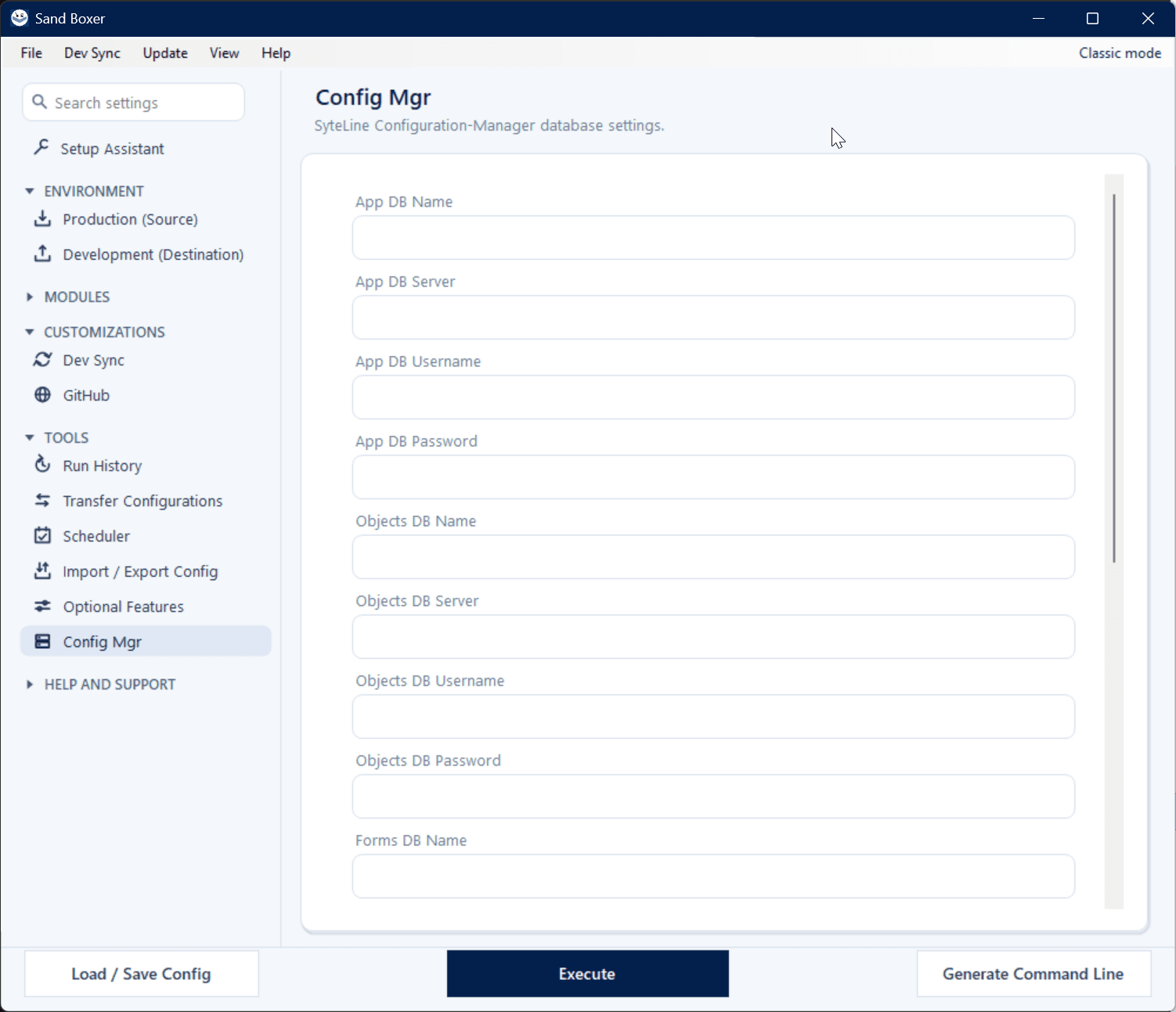 Sand Boxer Modern interface — Configuration Manager