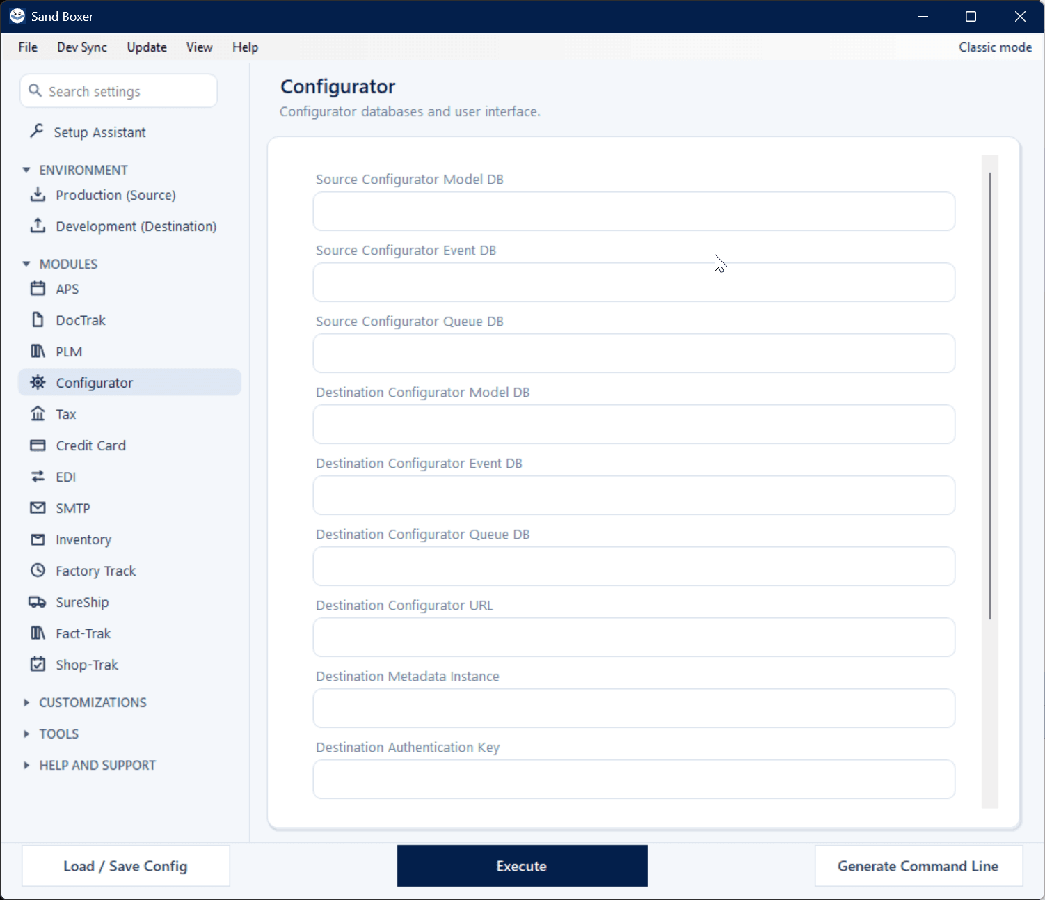 Sand Boxer Modern interface — Configurator settings