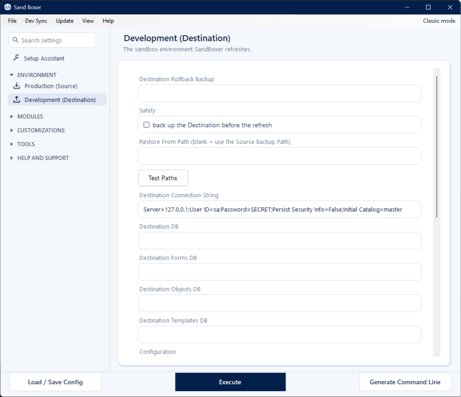 Sand Boxer Modern interface — Development destination settings