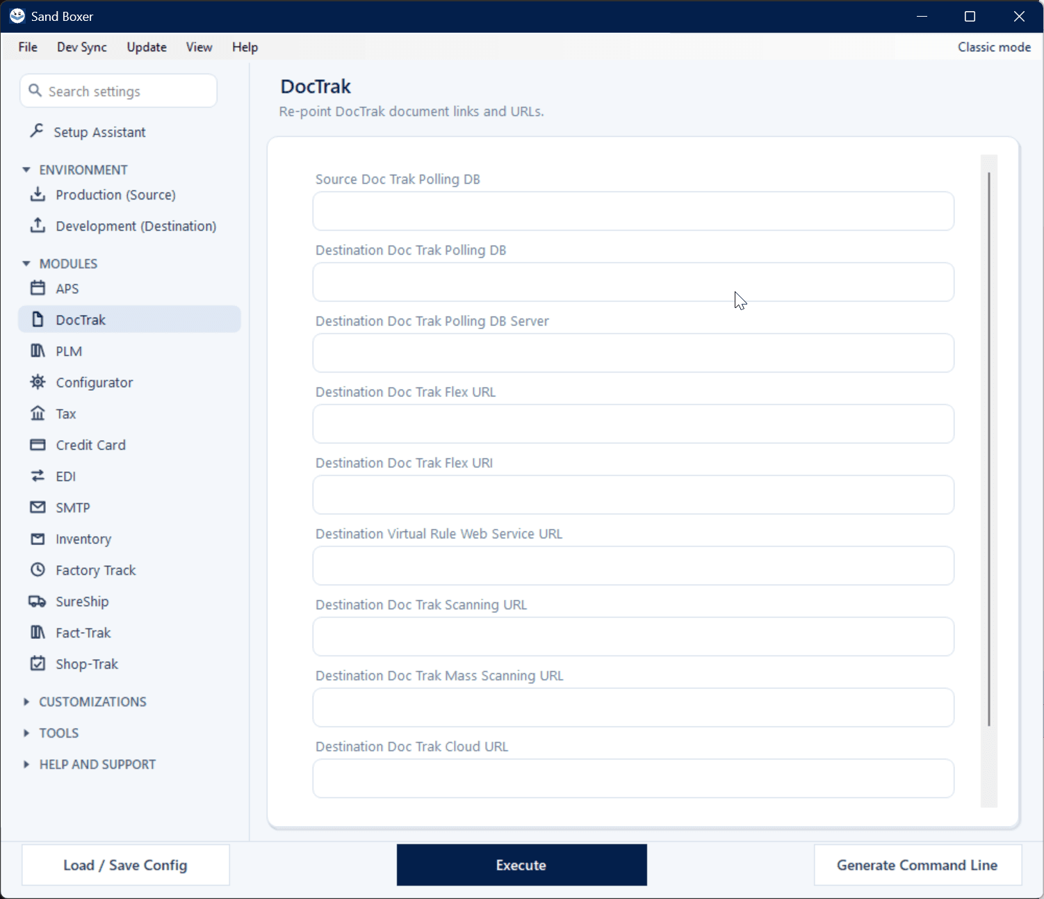 Sand Boxer Modern interface — DocTrak settings