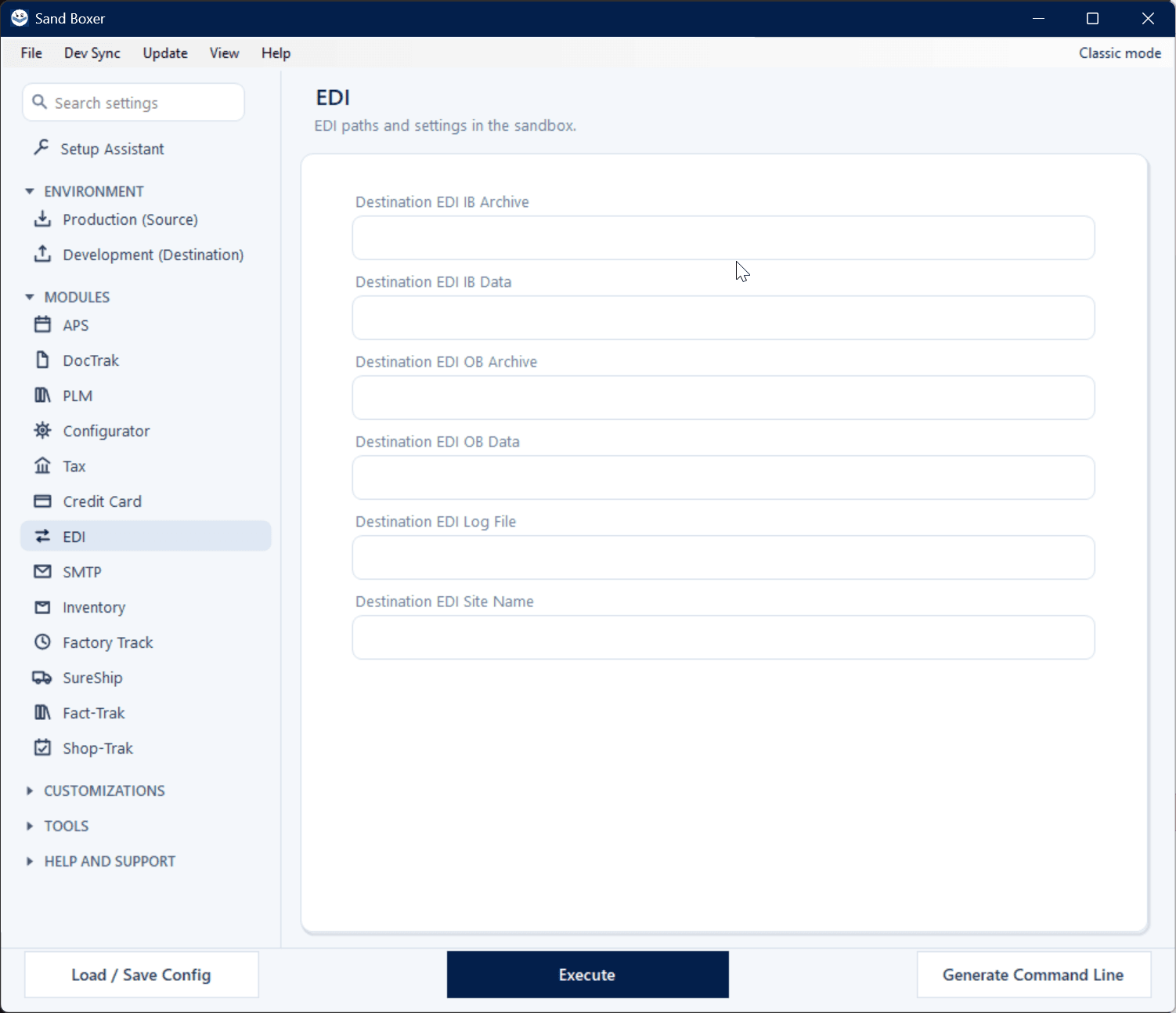Sand Boxer Modern interface — EDI settings