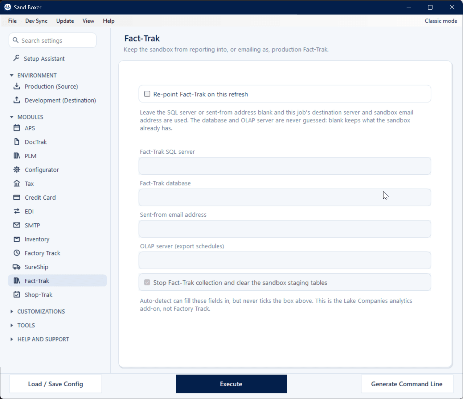 Sand Boxer Modern interface — Fact-Trak settings
