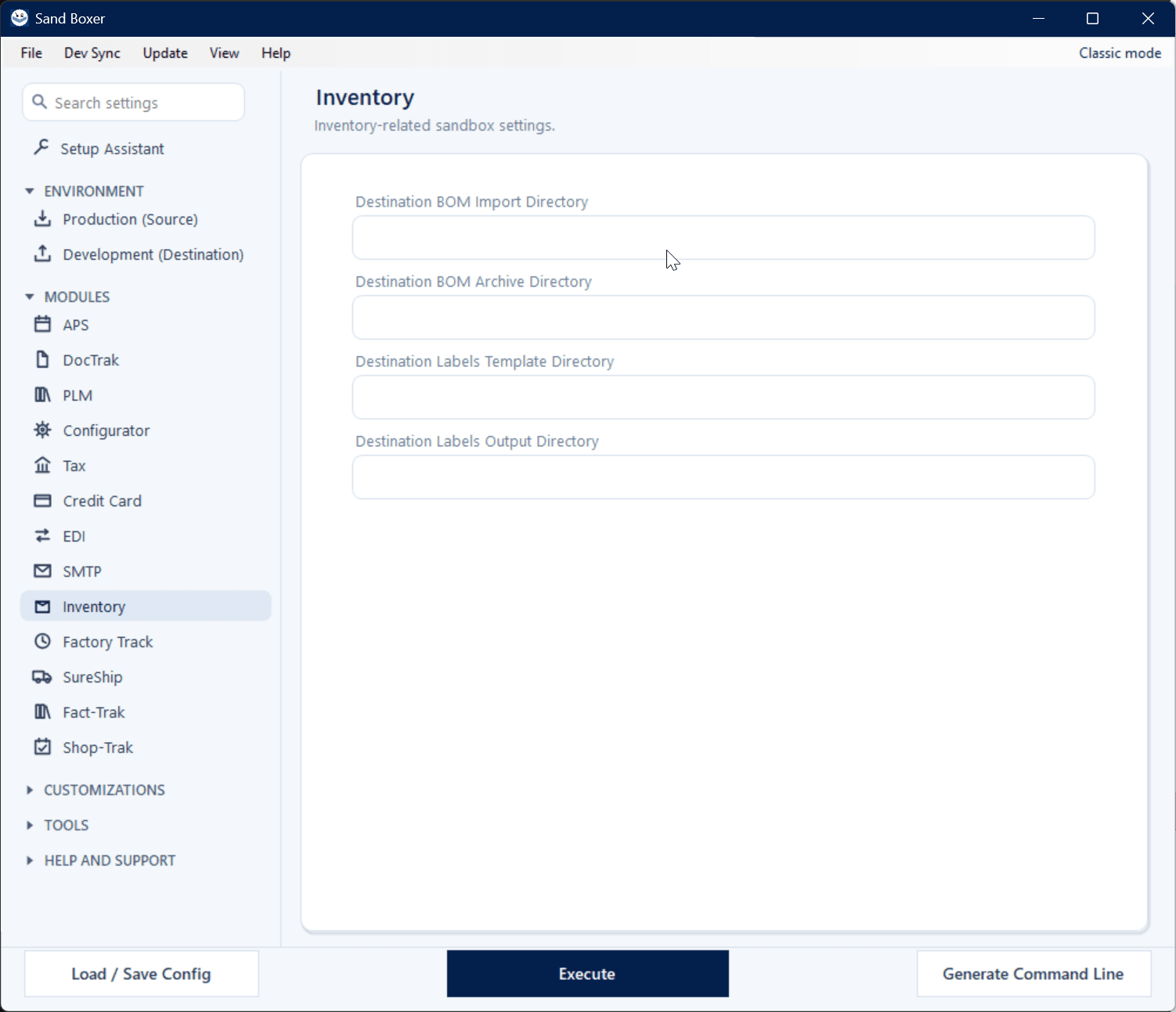 Sand Boxer Modern interface — Inventory settings