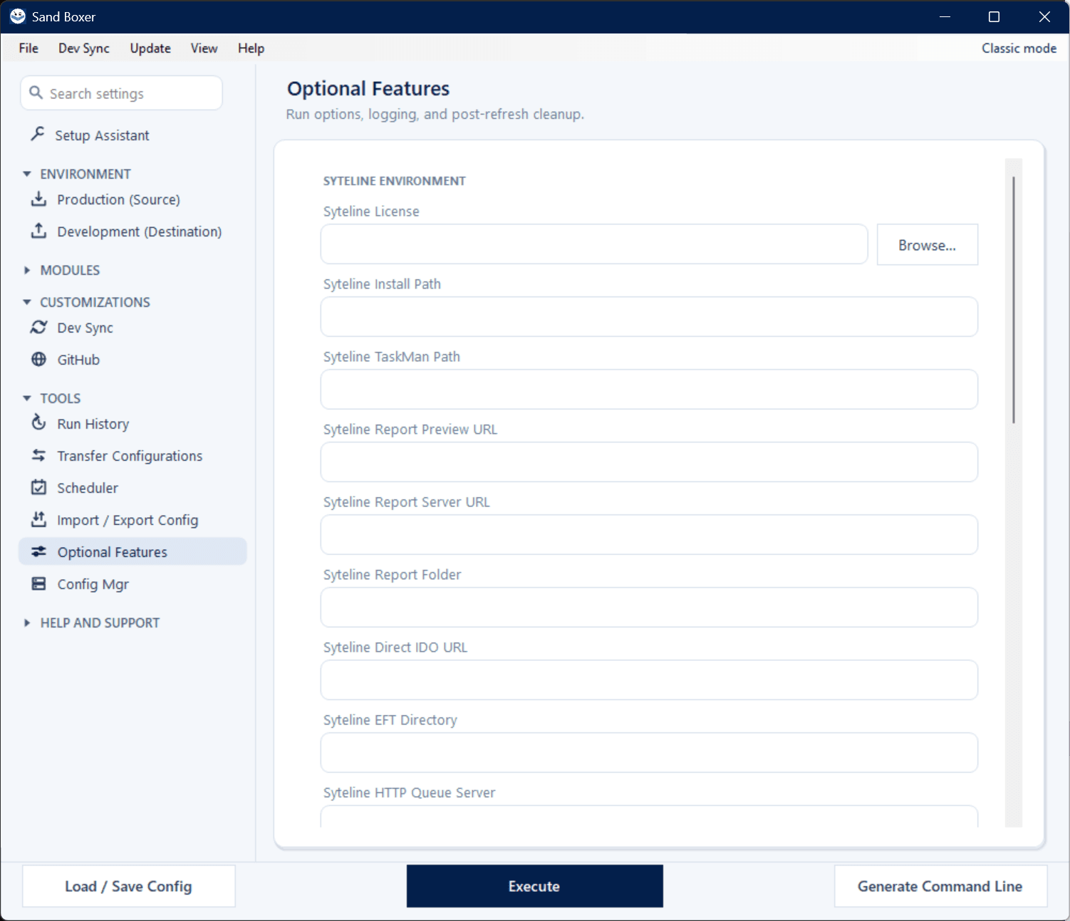 Sand Boxer Modern interface — Optional Features settings