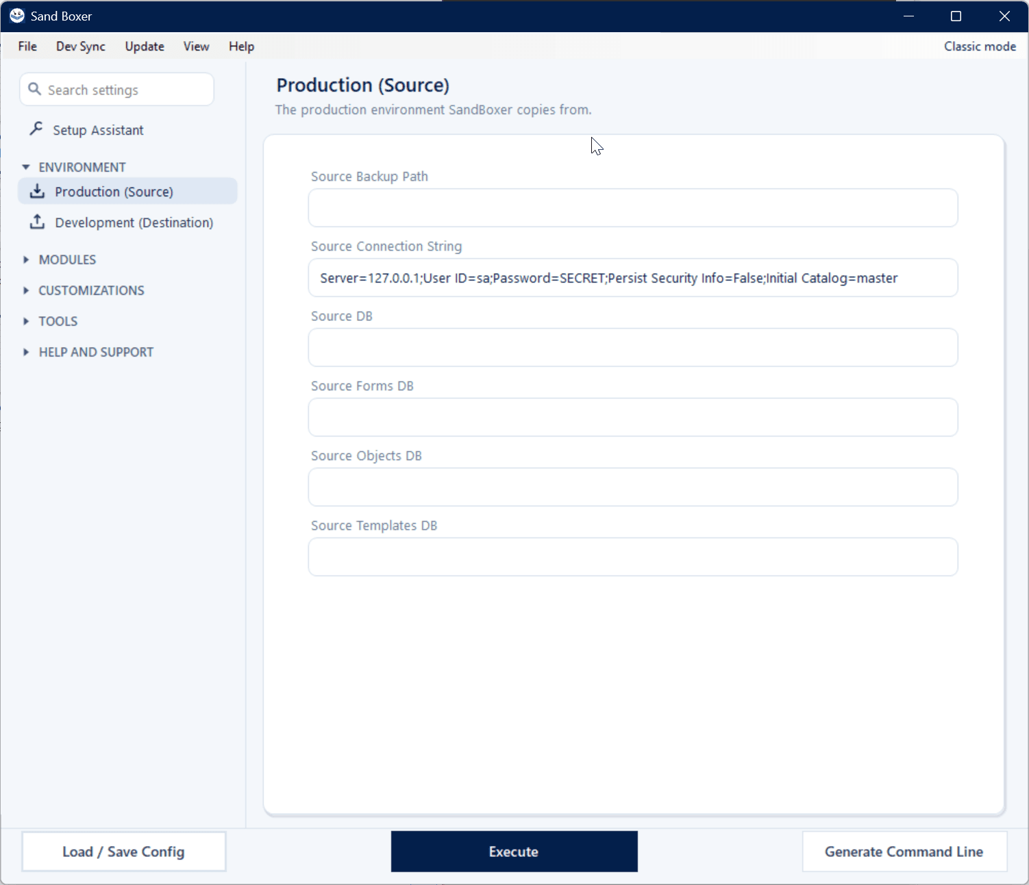 Sand Boxer Modern interface — Production source settings