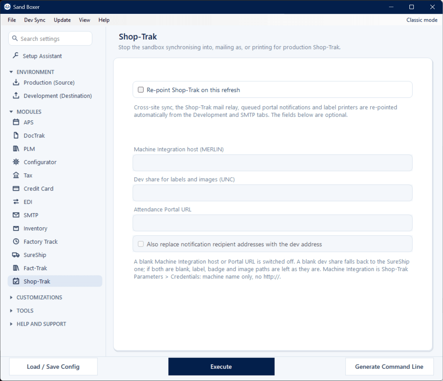 Sand Boxer Modern interface — Shop-Trak settings