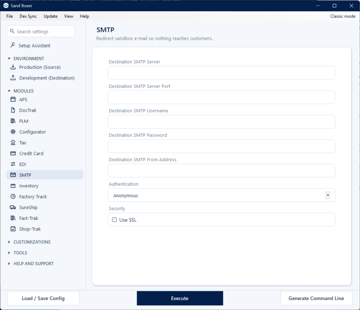Sand Boxer Modern interface — SMTP and email settings