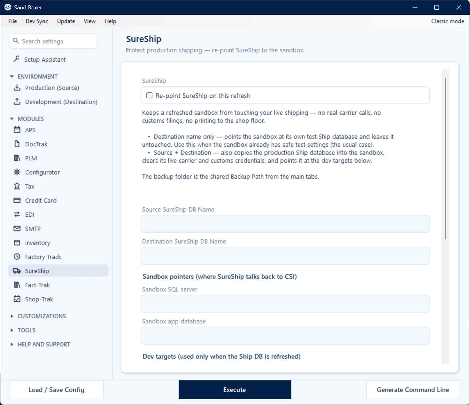 Sand Boxer Modern interface — SureShip settings