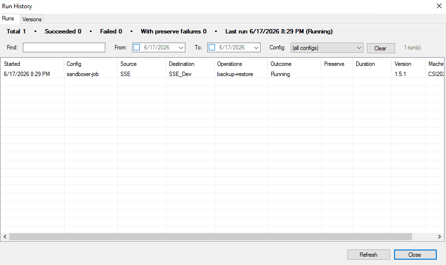 Sand Boxer Run History with search and filters
