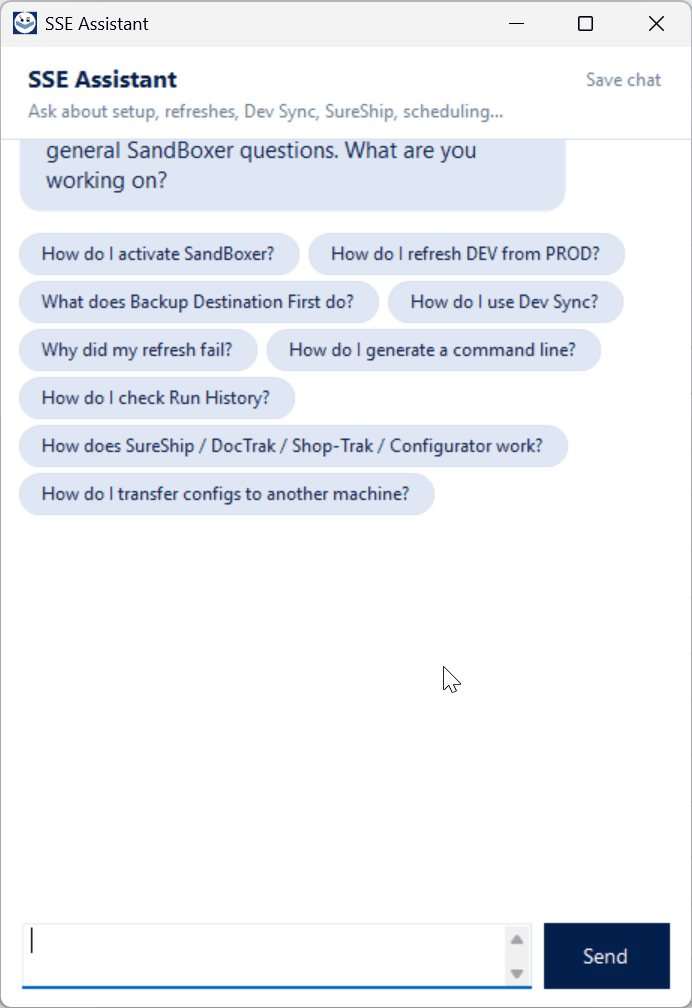 Sand Boxer Modern interface — SSE Assistant chat panel