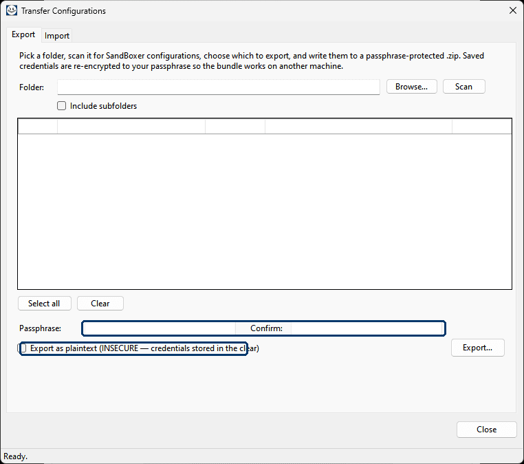 Sand Boxer Configuration Transfer dialog