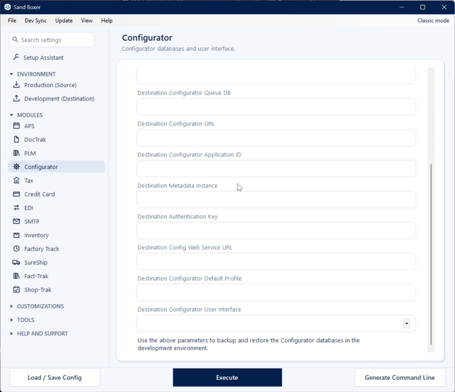 Sand Boxer Modern interface — Configurator settings