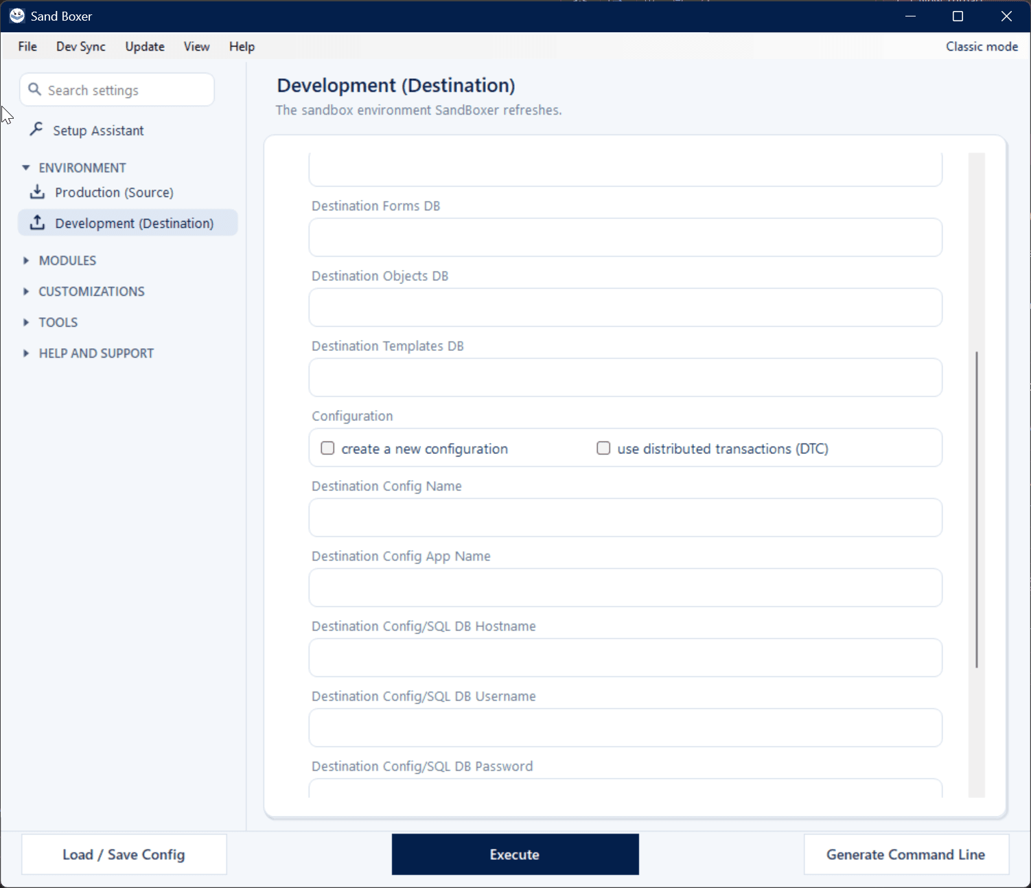Sand Boxer Modern interface — Development destination settings