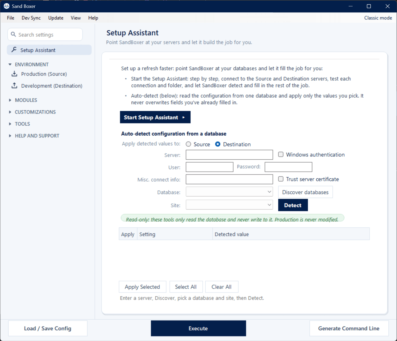 Sand Boxer Modern interface — Setup Assistant Auto-Configure and Auto-detect