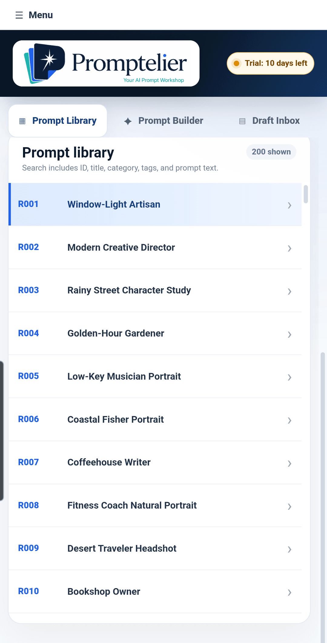 Promptelier prompt library on Android, showing 200 included prompts