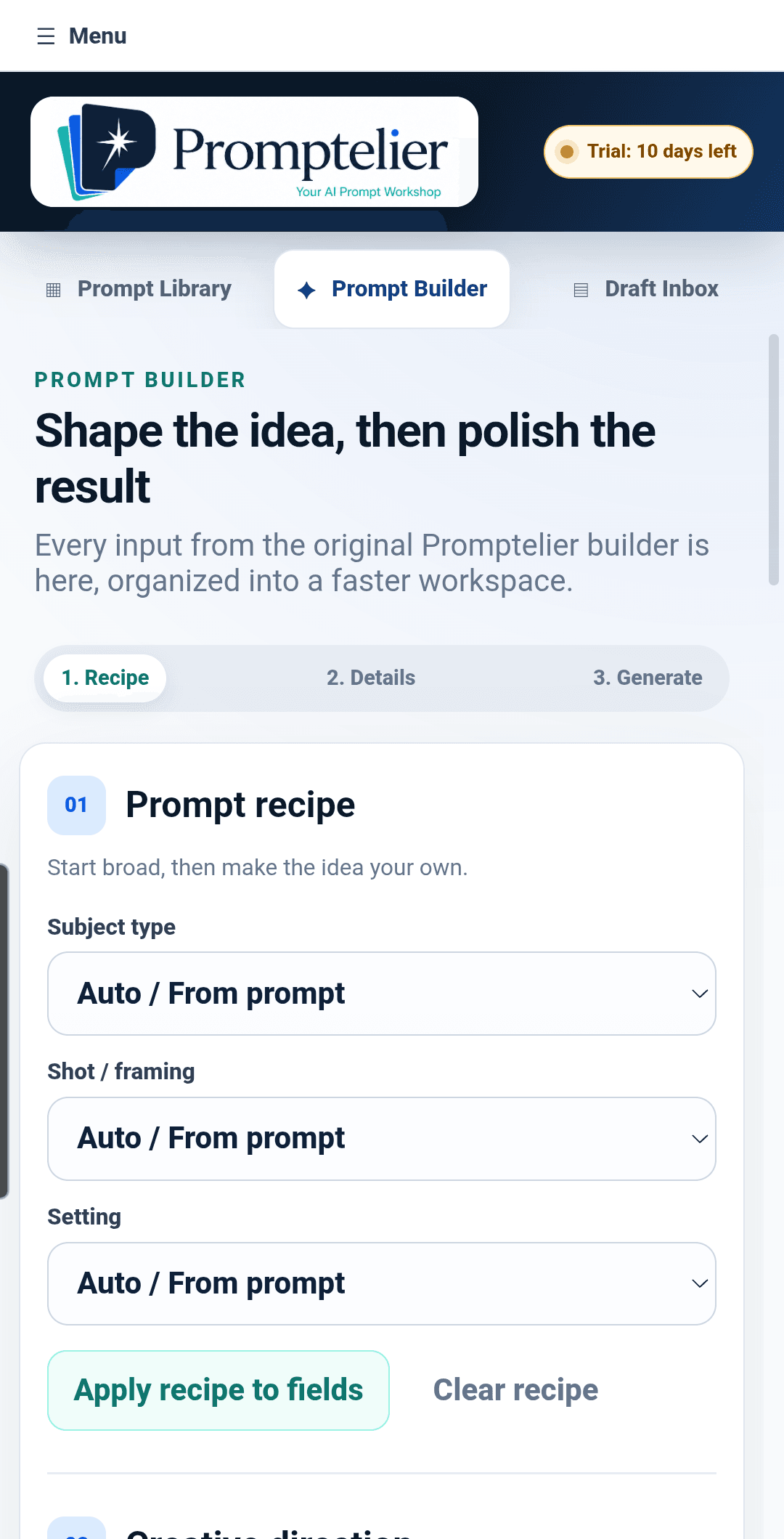 The Promptelier Prompt Builder on Android, on the recipe step