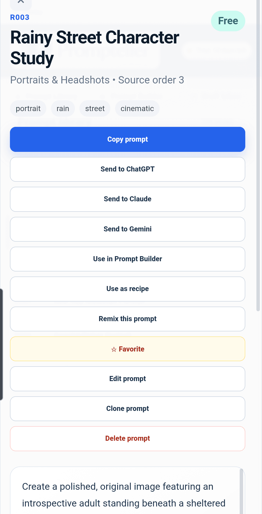 A Promptelier prompt open on Android with actions to copy or send it to ChatGPT, Claude or Gemini