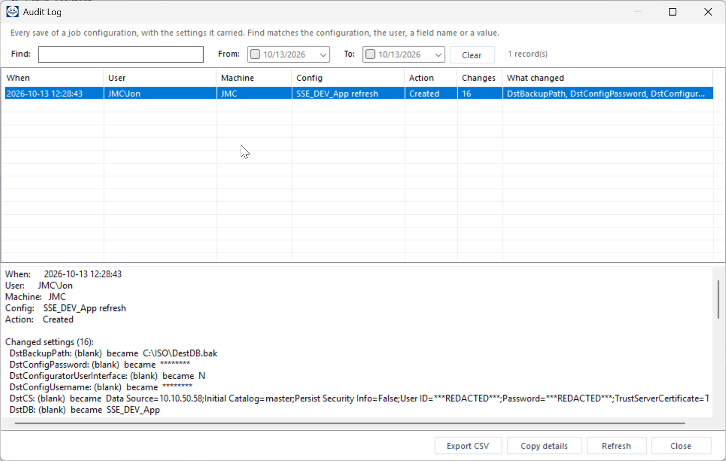 Sand Boxer 1.8 Audit Log with searchable configuration change history