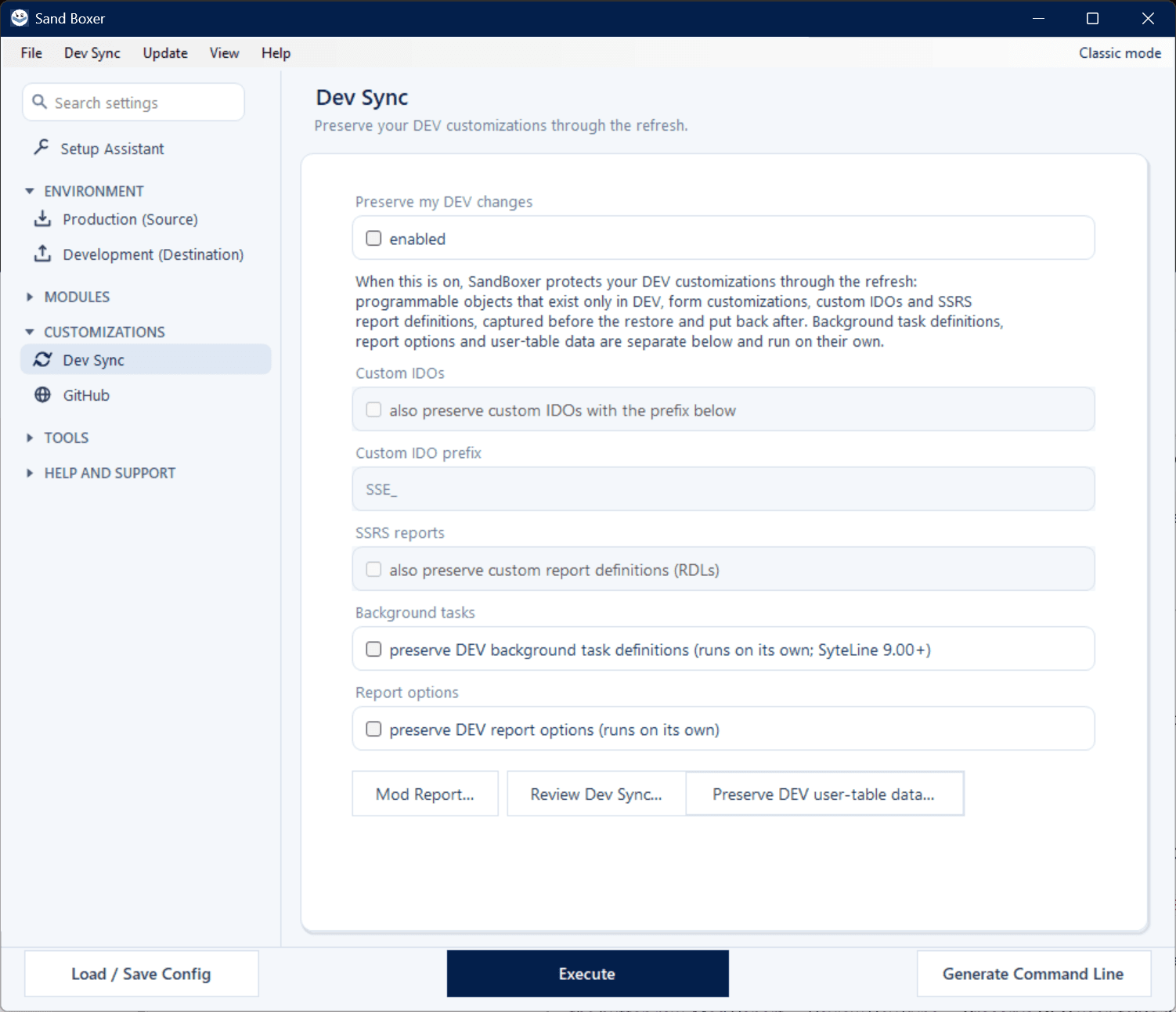 Sand Boxer In-Flight DEV Module settings in Dev Sync