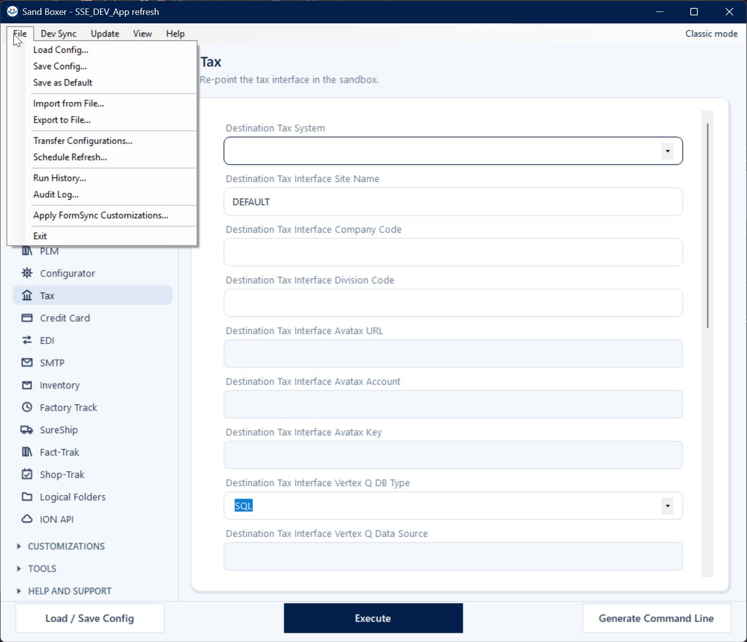 Sand Boxer File menu with saved jobs, transfer, scheduling, history, and audit tools