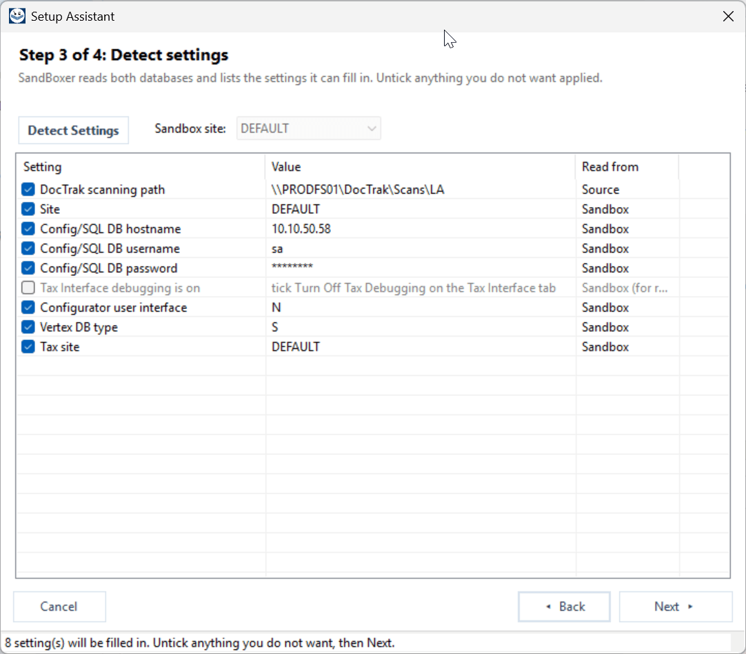 Sand Boxer 1.8 Setup Assistant reviewing detected sandbox settings